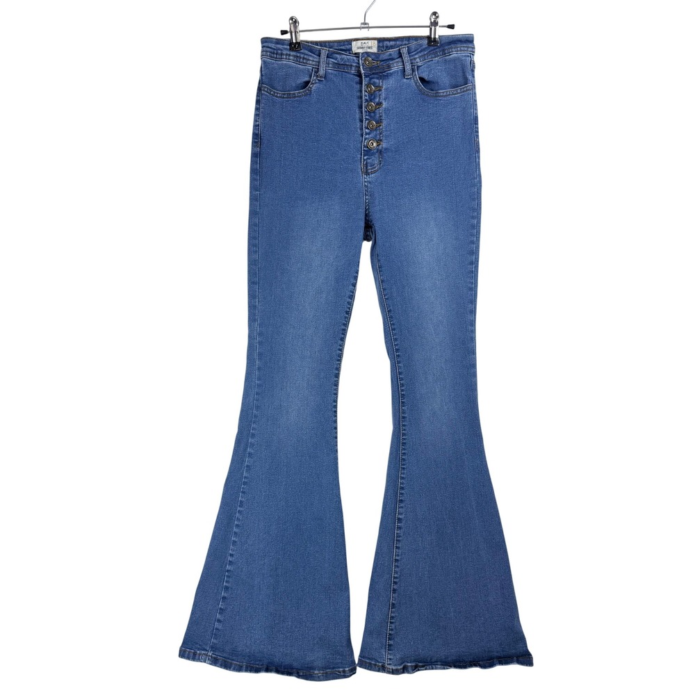 Skinny Fries Flare Jeans Women 13 Blue Button Fly High Rise Boho 70s Retro Flare